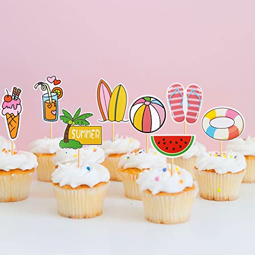 Cyodoos 48Pcs Summer Beach Hawaii Cupcake Toppers Watermelon Ice Scream Palm Tree Surfboard Swimming Pool Ball Slipper Cupcake Picks Baby Shower Summer Theme Birthday Party Cake Decorations #TOP3