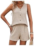 GORGLITTER Women's 2 Piece Vacation Outfits V Neck Button Decor Sleeveless Shirt and Shorts Set Tracksuits Co Ord Sets Holiday Clothes Apricot S