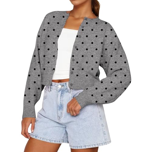 Women Y2k Polka Dot Front Button Down Cropped Cardigan Sweater Crewneck Long Sleeve Pullover Trendy Fall Knitwear2