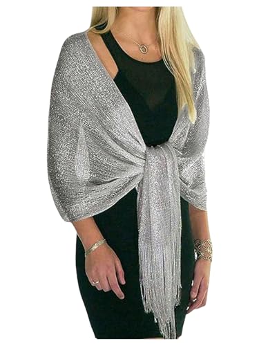 Floerns Womens Sparkly Metallic Fringe Shawl Wraps Sheer Knitted Evening Party Shrug Sweaters Fall Outfits Silver One-Size