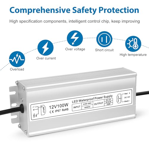 Image of LED Driver 100W 12V Power Supply, IP67 Waterproof Low Voltage Transformer, AC 90-265V to DC 12V 8.5A Converter for Outdoor Landscape Lighting and LED Strip Lights, with 3-Prong Plug 3.3 Feet Cable