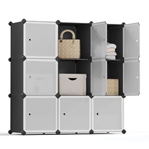 SONGMICS Cube Storage Organizer, Set of 9 Plastic Cubes, Closet Storage Shelves, DIY Plastic Closet Cabinet, Modular Bookcase, Shelving with Doors for Bedroom, Living Room, Black and White ULPC116HS