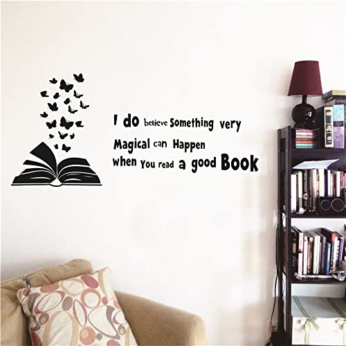 Uilmniy 60X28 Inches Reading Book Wall Decal Open Book Butterflies Reading Room Quote Wall Decoration I Do Believe Something Very Magical Can Happen When You Read A Good Book Kids Children Study Bedroom Wall Paper Poster Afn03 (Black) #TOP3