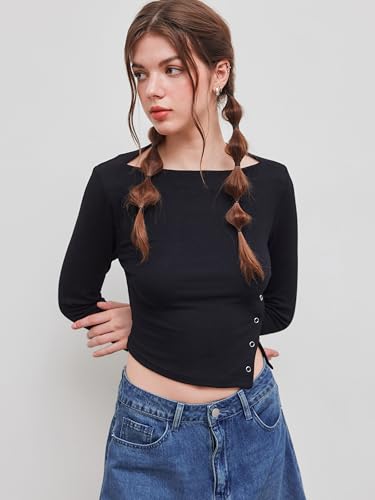 CIDER Crop Tops for Women Long Sleeve Going Out Top Boat Neck Button Slim Fit Basic Tee Casual Top2