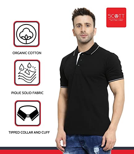 Image of Scott International Men's Regular Fit Organic Cotton Polo T-Shirt (Black with White, Medium)