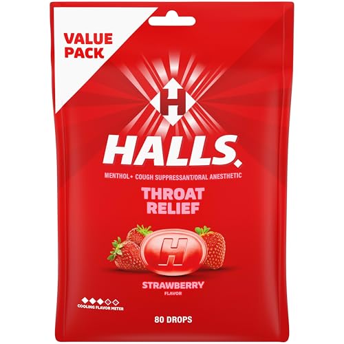 HALLS Throat Relief Strawberry Cough Drops, Value Pack, 80 Drops