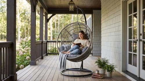 Image of UNIVERSAL FURNITURE Hanging Egg Swing Chair with Stand, Woven Wicker Rattan Style Swing with Cushion, Freestanding Indoor Outdoor Hanging Chair for Patio, Balcony, Garden & Porch (Beige & Grey)