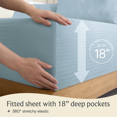 Image of LuxClub 5 PC Split King Size Sheet Set Bed Sheets, Breathable Luxury Sheets, Deep Pockets 18 inch Wrinkle Free Cooling Sheets Machine Washable Hotel Bedding (Split King, Striped Light Blue)