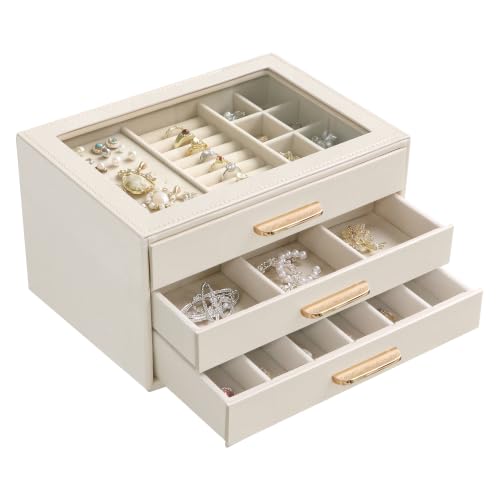 Homeanda Jewellery Box, 3-Layer Jewellery Organiser with Clear Top, Beige