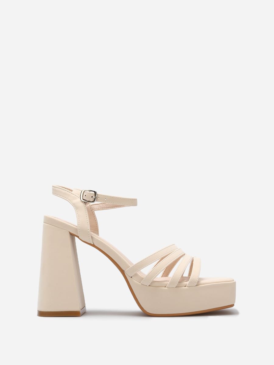 La Modeuse - Sandali in similpelle opaca con flange sottili e piattaforma, beige, 40 EU