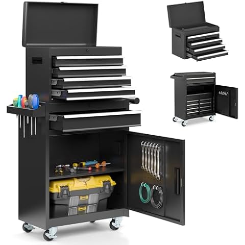 VIWAT 5-Drawer Tool Chest, Rolling Tool Storage Cabinet with Enhanced Packaging, Lockable Wheels, Detachable Top Tool Box, Metal Tool Cart for Garage, Workshop, Black Cover