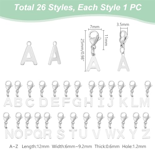 UNICRAFTALE 26Pcs 26 Styles 201 Stainless Steel Alphabet Charms Pendants Set Metal A-Z Letter Pendants 25mm Long Letter Charms with 304 Stainless Steel Lobster Claw Clasps for Jewelry Making - Image 3