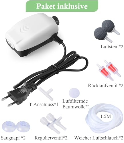 FEDOUR 2,5W Nano Whisper Aquarium Luftpumpe, 264LPH Leiser Einstellbar Sauerstoffpumpe mit 2 Ausgänge, Belüfter für 1-250L Aquarium