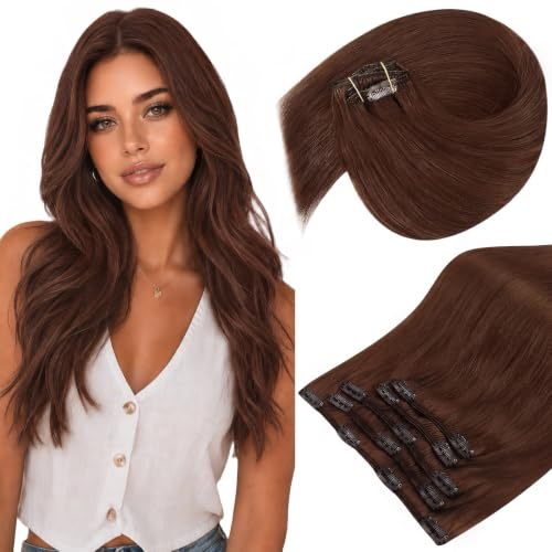 Image of Sunny Hair Clip in Hair Extensions Real Human Hair Mahogany Auburn Brown | Remy Human Hair Clip in Extensions with Secure Clips, Beginner Friendly, Lightweight Comfort for Fine Hair 12inch 85g