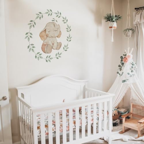 Image of Baby Elephant Leaf Wreath Wall Sticker for Nursery - Large 48x48 cm Watercolour Elephant Botanical Wreath Wall Decal Peel and Stick Wall Art Above Cot Baby Bedroom