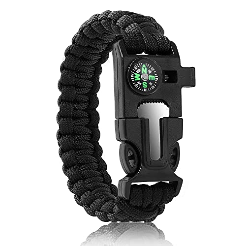 Bracelets,Survival Bracelets for Men Paracord Tactical 5-in-1 Camping Gear Kits,with 12-ft Detachable Parachute Rope,Fire Starter,Embedded Compass,Whistle&Emergency Multitools