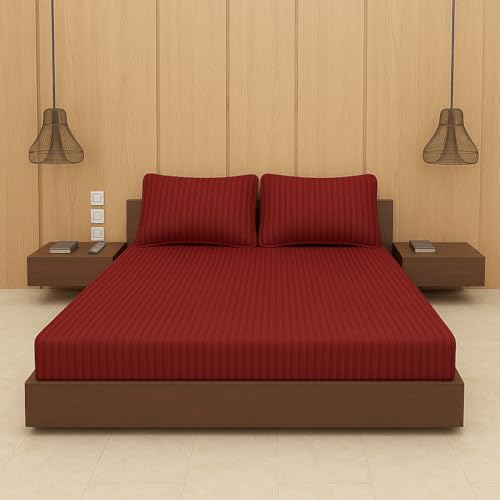Image of BEVI - Home Premium Self Striped Single Bedsheet with 1 Pillow Cover 300 TC Ultra-Soft 300 TC Microfiber Bed Sheet| Size (60 inch x 90 inch) Maroon