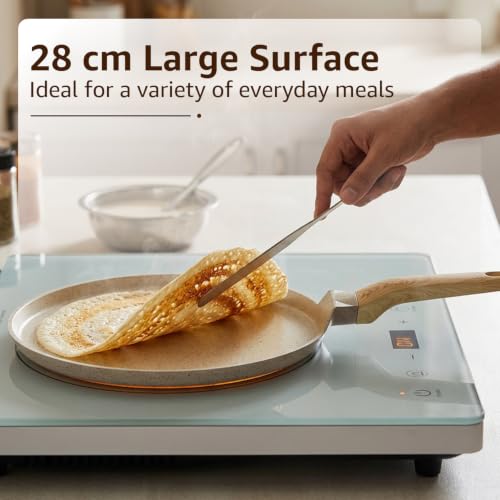 Image of Amazon Basics Ceramic Dosa Tawa 28cm | Nonstick Coating | BPA-Free & PFOA-Free | Induction & Gas Compatible | Even Heat Distribution | Soft-Touch Handle| Ivory