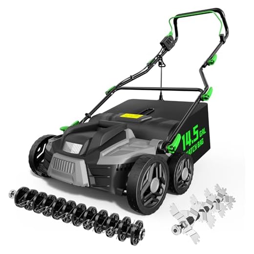TIECTOWN 2025 Upgrade 16-Inch 15.5 Amp 2-in-1 Electric Dethatcher and Scarifier with 14.5-Gallon Collection Bag, Lawn Dethatcher with 5-Position Depth Adjustment, Keeps Lawn Healthy – Light Green