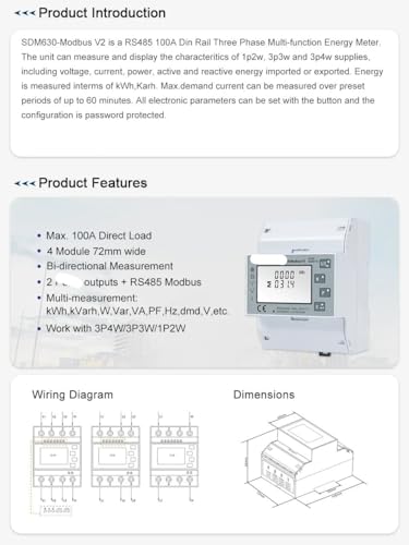 SDM630 Modbus V2, MID, Multi-Function Power Analyser, Modbus Output Port RS485, Din Rail Three Phase Energy Meter