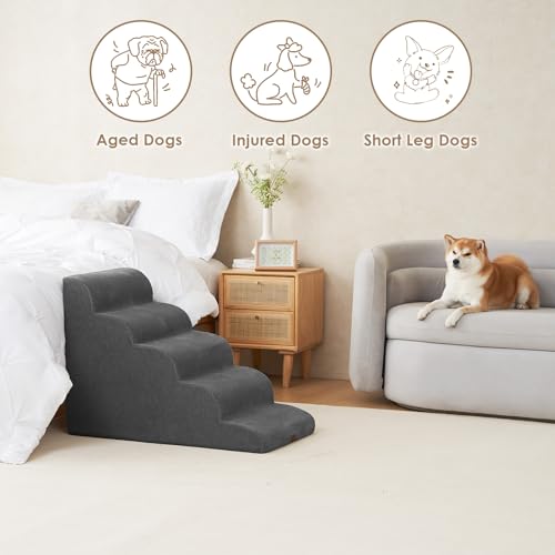 image for EHEYCIGA Curved Dog Stairs Ramp for High Beds, 5-Step Extra Wide Dog S
