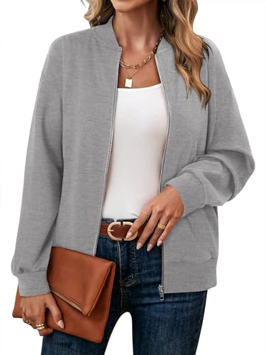 KISSMODA Womens Zip Up Jackets Sweatshirts Long Sleeve Casual Coat Outwear With Pockets LightGrey Small