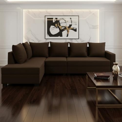 Image of FURNY Gloria 6 Seater Fabric LHS L Shape Sofa Set (Dark Brown) Premium Velvet Finish | Durable Comfort | Ideal for Living Room