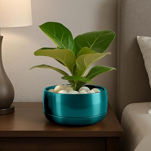 Image of CINAGRO Metal Planter Pot for Indoor Plants, Round Decorative Flower Pot, Rust-Resistant, Modern Plant Holder for Home, Balcony, Office (13.97 x 7.62 cm, Pulse Nest - Teal)