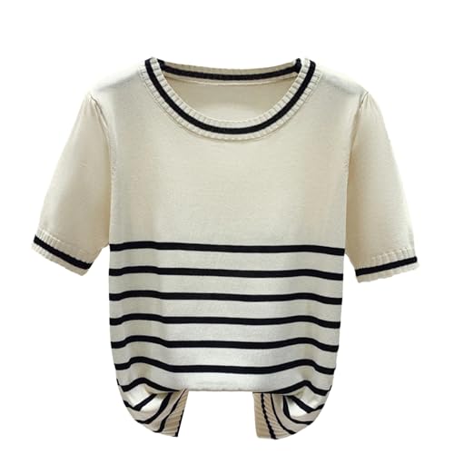 Women’S Ribbed Knit Sweater O-Neck Short Sleeve Thin Summer Patchwork Casual Pullover