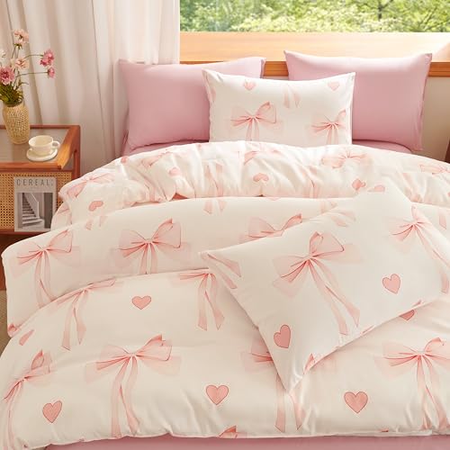 Image of Bow Duvet Cover King Size Pink Bowknot Heart Bedding Set 3 Pieces Kids Girls Cute Bows Soft Lightweight Microfiber Comforter Cover Set with Zipper Closure and 2 Pillowcases