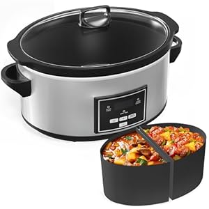 6 Quart Programmable Slow Cooker with Silicone Divider, Multi Slow Cooker with Timer, 3 Cooking Mode Digital Slow Cooker, Dishwash Safe, Removable Ceramic Pot and Glass Lid, Silver