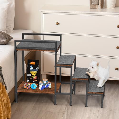 CADUKE Hundetreppe für Bett, robuste Katzentreppe aus Metall und Holz, 4 Stufen Haustiertreppe für alte Katzen, kleine Hunde, Braun und Schwarz, 33 x 85 x 63cm