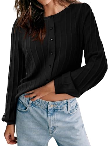 Cicy Bell Womens Button Down Knit Cardigan Fall Long Sleeve Lightweight Open Front Casual Crew Neck Sweater Tops