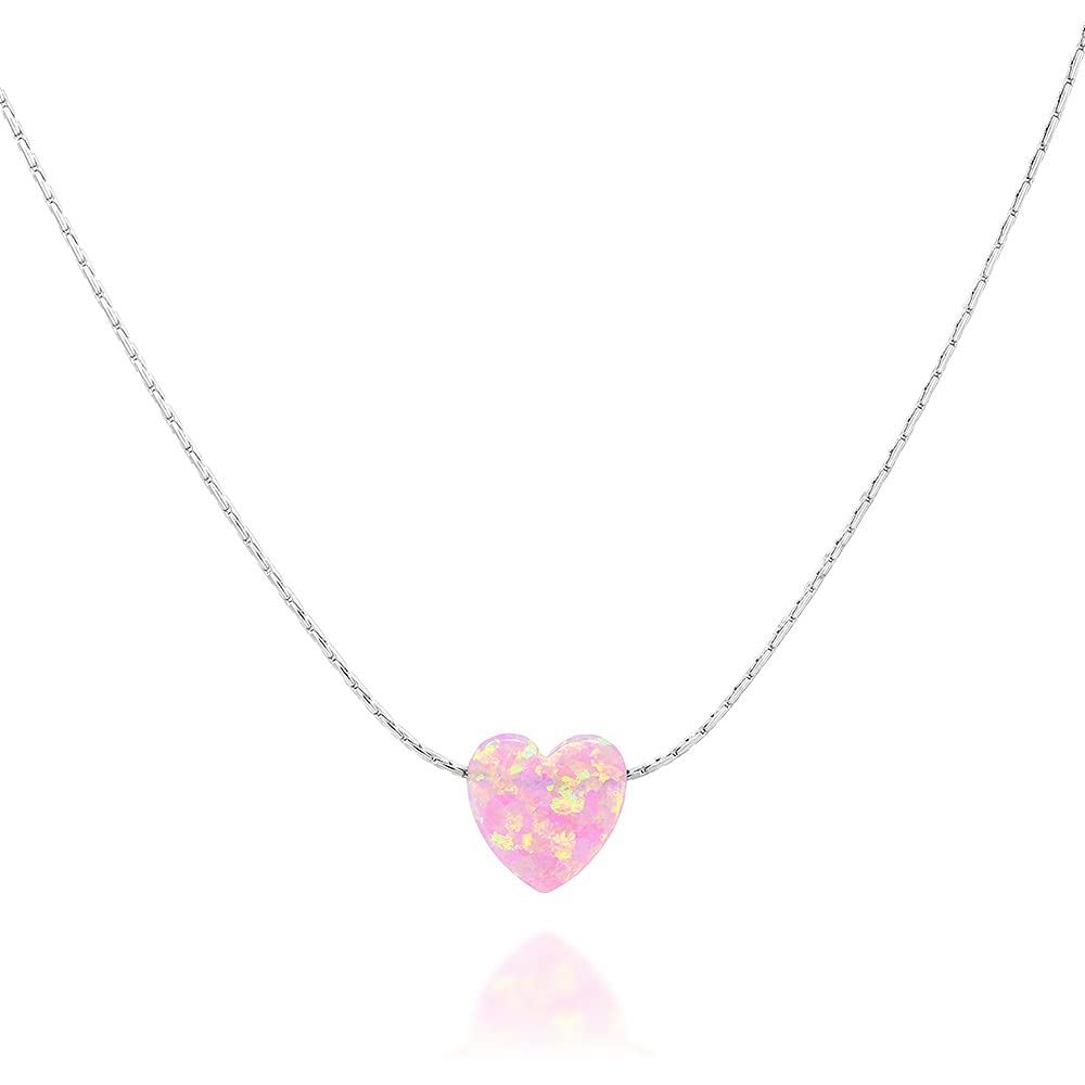 TooliksTooliks Pink Opal Heart On Thin Sterling Silver 925 Choker Necklace - Handmade Minimal Necklace For Women- Length: 13.5 inch + 3 inch Extender (sterling silver, pink)