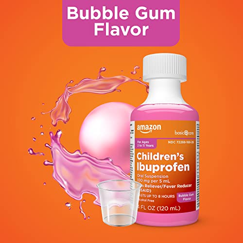 Image of Amazon Basic Care Children's Ibuprofen Oral Suspension, 100mg, Bubblegum, 4 fl oz (Pack of 1)