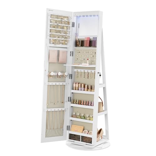 SONGMICS 6 LEDs Mirror Jewellery Cabinet 360 Swivel Jewellery Storage Organiser Lockable Free-Standing Frameless Full-Length Mirror with Storage White Surface Greige Lining JJC007W02