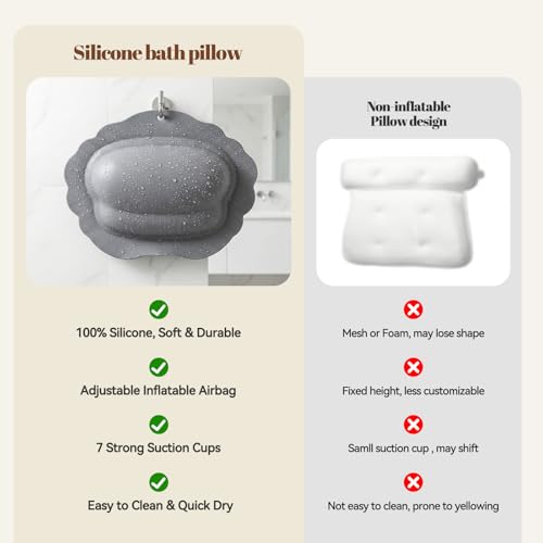 Silicone Bath Pillow for Tub – Inflatable Bathtub Pillow for Head & Neck Support, Waterproof Bath Cushion for Jetted Tub, Gifts for Mom Women