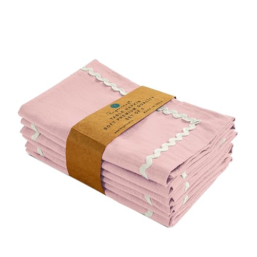 Image of FINGERCRAFT Cloth Napkins Set of 6, 18x18 Inch, 100% Cotton Table Napkins with RIC Rac Scallop Lace Trim, Reusable Washable Dinner Napkins for Wedding, Party, Dining & Home Decor (Pink)