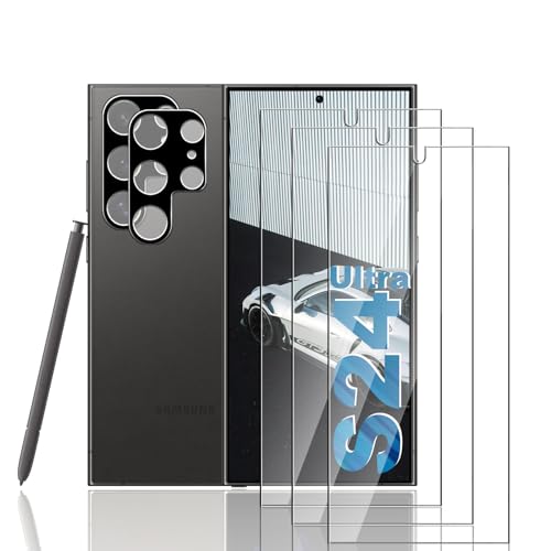 Pellicola protettiva in vetro temperato per Galaxy S24 Ultra [3 pezzi] con 2 pellicole protettive per fotocamera, durezza 9H, pellicola protettiva in vetro HD, compatibile con le impronte digitali per
