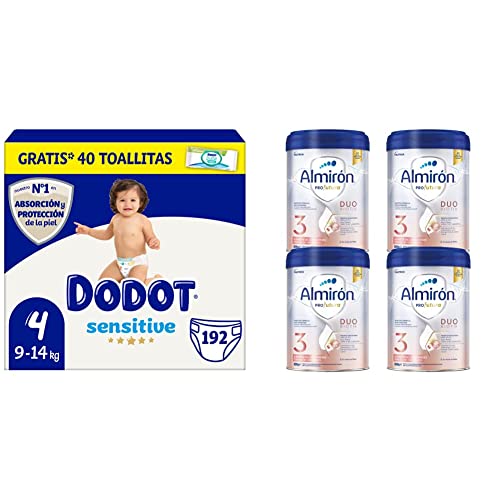 Dodot Pañales Bebé Sensitive Talla 4 (9-14 kg), 192 Pañales y 1 Pack de 40 Toallitas Aqua Plastic Free + Almirón Profutura 3 Leche de Crecimiento en Polvo, desde los 12 Meses, 4 x 800 g