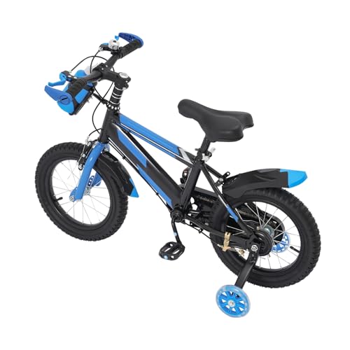 Lightakai Bicicleta infantil de 14 pulgadas, azul con sistema de frenado dual y botella de agua, bicicleta con ruedas estabilizadoras para a partir de 3 – 7 años