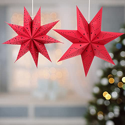 Didiseaon 2Pcs Paper Star Lantern, Nine- Pointed Star Origami Hanging Decorations for Wedding Holiday Birthday Party Decor Red
