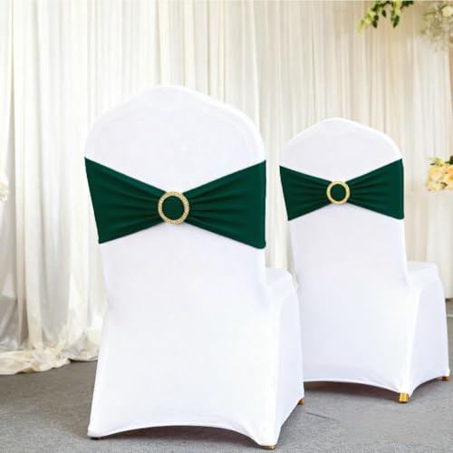 Image of 50 Pack Hunter Green Chair Sashes, Dark Green Spandex Chair Bands with Gold Buckle Slider for Christmas Forest Party Folding Chairs Birthday Decor, Green Chairs Bows Ties