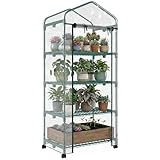 Outsunny Invernadero de Exterior con 4 Estantes y Ruedas, Invernadero Pequeño con Puerta Enrollable, Marco de Acero y Cubierta de PVC, Anti-UV para Plantas, Macetas, Flores, 70x50x165 cm, Transparente