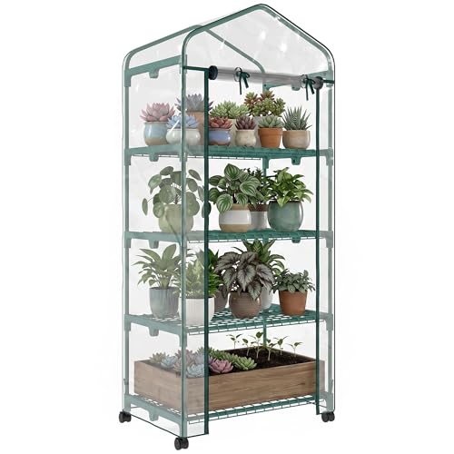 Outsunny Gewächshaus mit Rolle, Regale, winterfest Foliengewächshaus aus Stahl, Treibhaus für Balkon, Garten, Tomatenhaus 69 x 50 x 165 cm, Tomatengewächshaus für Tomaten, Blumen, Pflanzen Transparent