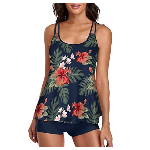 Stylish Swim Suits for Women Slimming Tankini Set Adjustable Straps 2 Piece Swimwear Tropical Hawaii Beach Pool Party Photoshoot Flattering Hides Belly Perfect for Vacation Tropical Navy L