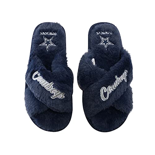 Image of FOCO Womens NFL Team Script Wordmark Fuzzy Cross Slide Slippers