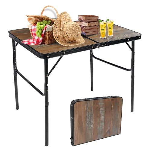 REDCAMP Table de Camping Pliable en Aluminium - Hauteur réglable - pour Camping, Pique-Nique, Jardin, fête (Grain du Bois, 90x60x70CM)