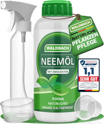 WALDBACH® Neemöl mit Emulgator [500ml] - Natürliches Neemöl für Pflanzen mit Sprühflasche und Messbecher - 50 Liter sprühfertige Mischung -...