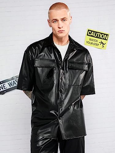 WDIRARA Men's Pu Leather Flap Pocket Button Up Drop Soulder Half Sleeve Shirt Casual Oversized Tops3